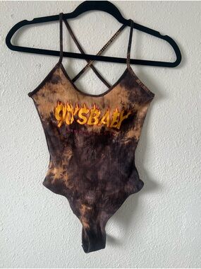 SHEIN Ribbed Tie-Dye Tank Bodysuit in Brown and Tan